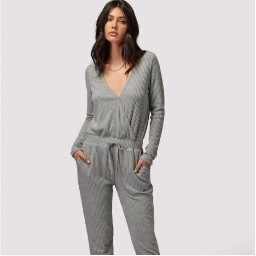 Spiritual Gangster Emma Long Sleeve Jumpsuit Womens Medium Grey Ribbed Knit